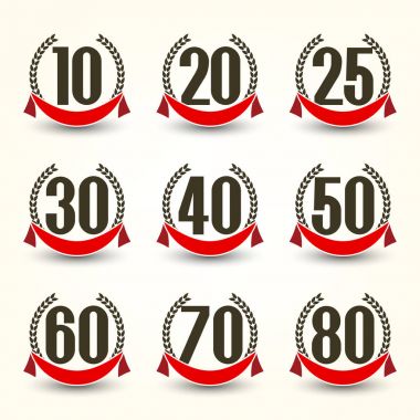 Yıldönümü logolarını koleksiyonu. 10, 20, 25, 30, 40, 50, 60, 70, 80 yıl kutlama Logotype.