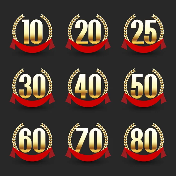 Yıldönümü logolarını koleksiyonu. 10, 20, 25, 30, 40, 50, 60, 70, 80 yıl kutlama Logotype.