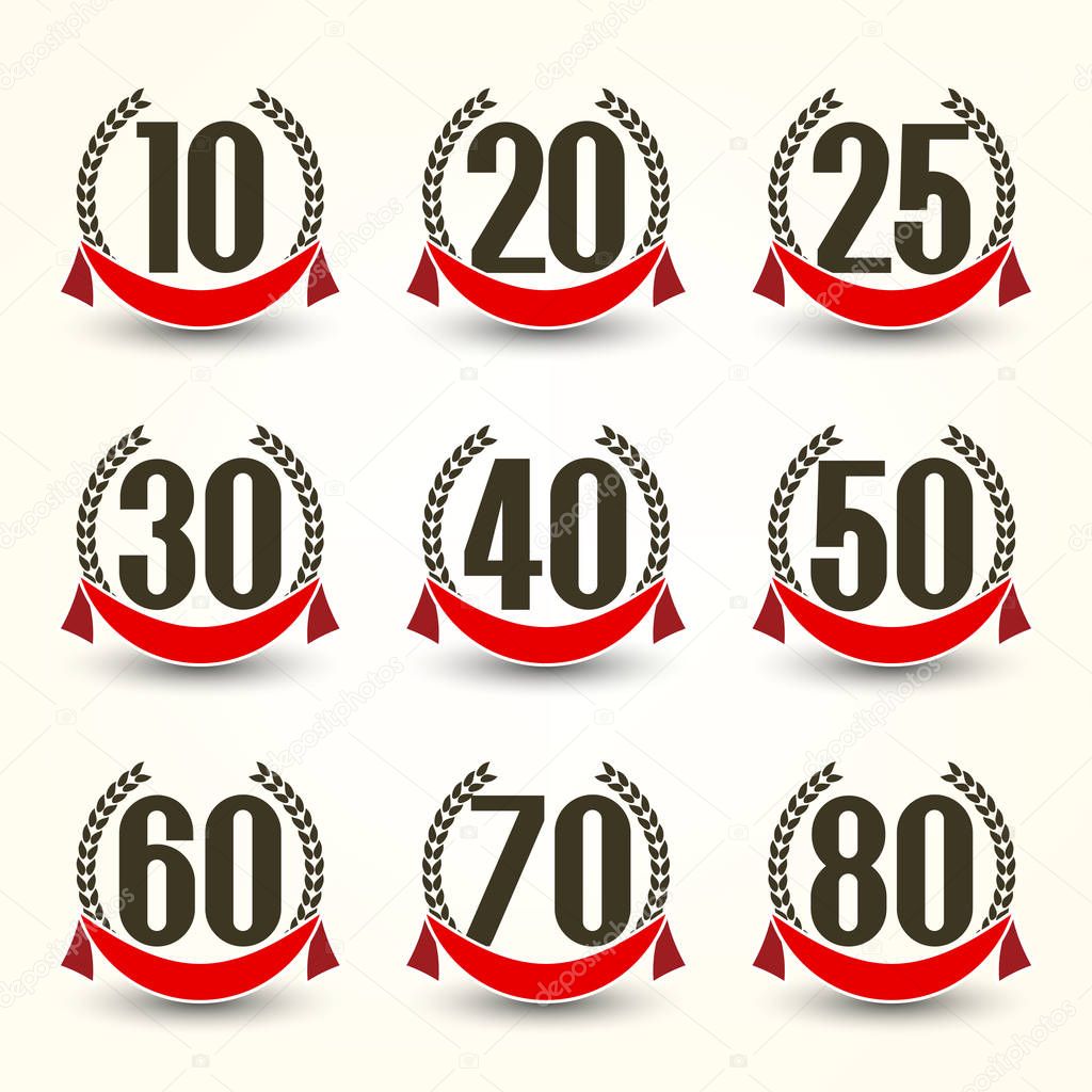 Anniversary logo's collection. 10th, 20th, 25th, 30th, 40th, 50th, 60th, 70th, 80th year celebration logotypes.