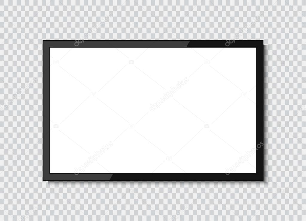 Realistic TV screen. Modern stylish lcd panel, led type. Large computer monitor display mockup. Blank television template. Graphic design element for catalog, web site, as mock up.