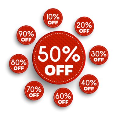 Afiş indirim. Vektör çizim. -%10 -20% -30% -40% -50% -60%-70%-80%-90% off simgeler.
