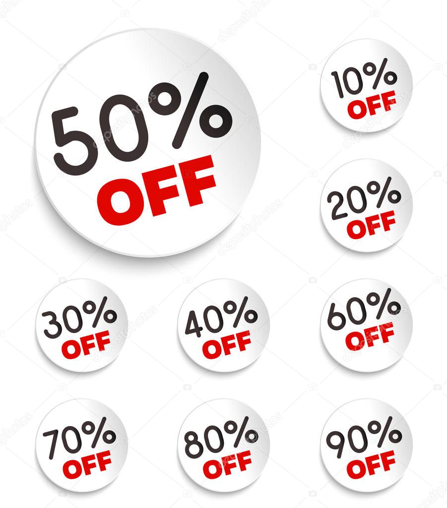 Discount banners. Vector illustration.  -10% -20% -30% -40% -50% -60% -70% -80% -90% off icons.