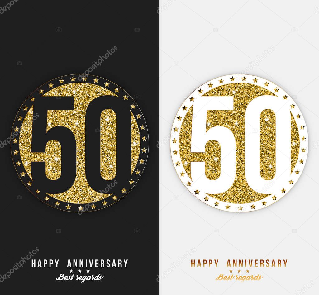 Set of 50th Happy anniversary cards template with gold elements. 