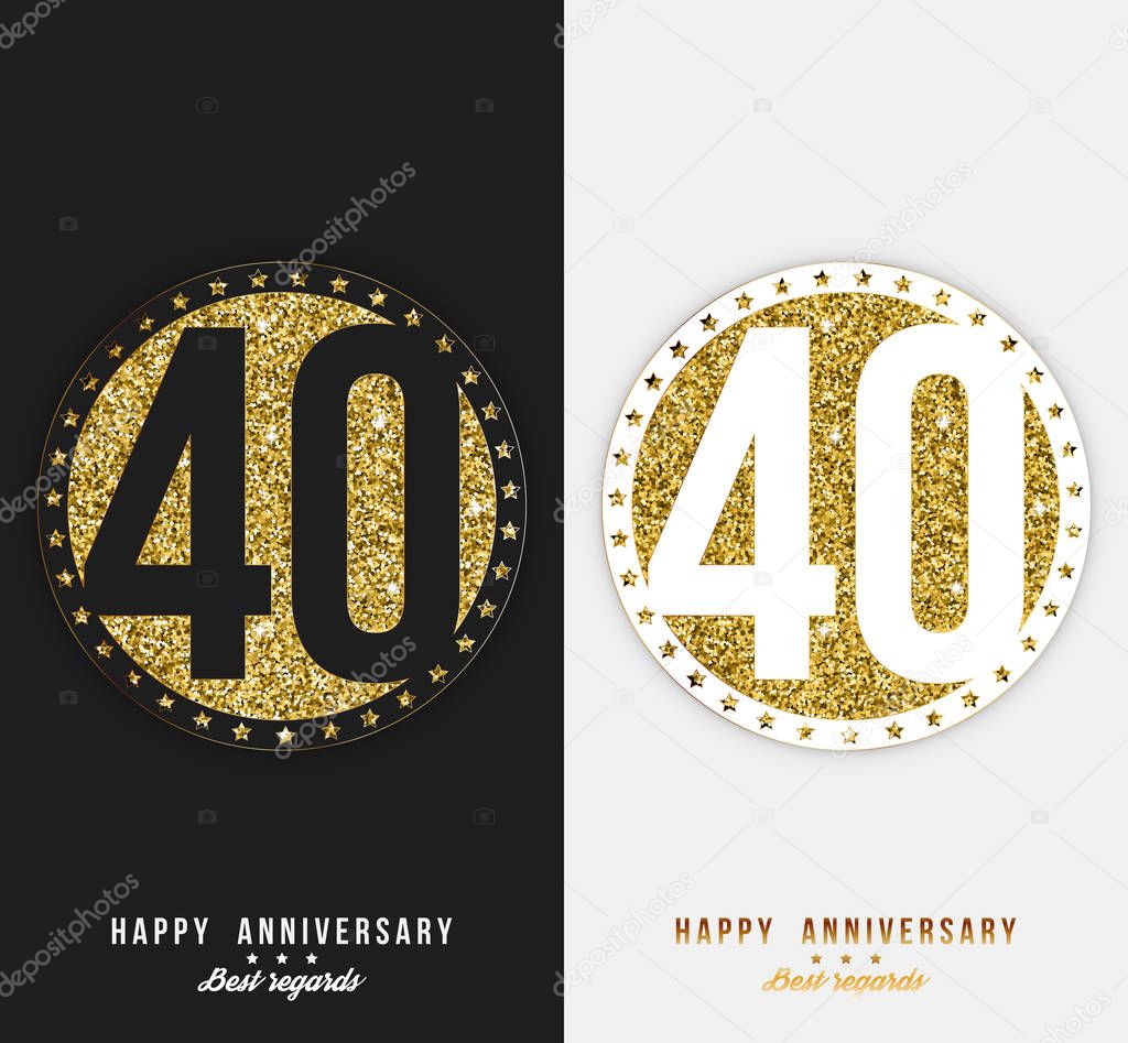 Set of 40th Happy anniversary cards template with gold elements. 