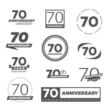 Yetmiş yıl yıldönümü kutlama logo. 70 yıldönümü logo koleksiyonu.