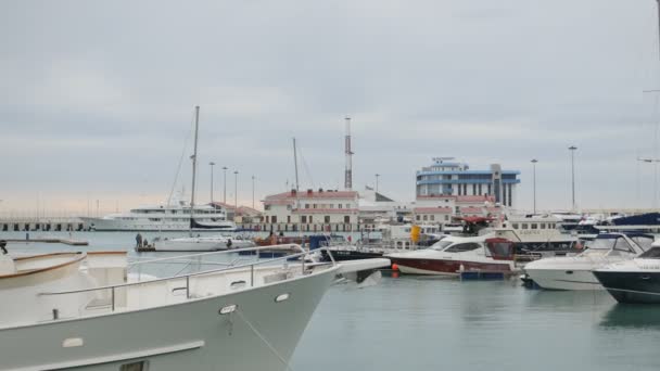 Сочи, Россия - 18 января: Яхты и лодки в порту или гавани. Вид с пирса — стоковое видео