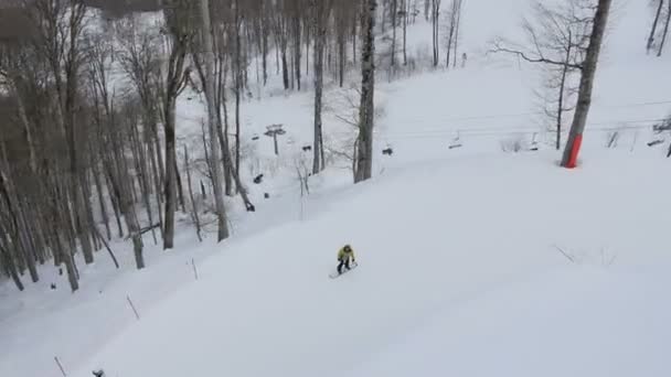 Flygfoto lyft av skid- och snowboardåkare på skidorten — Stockvideo
