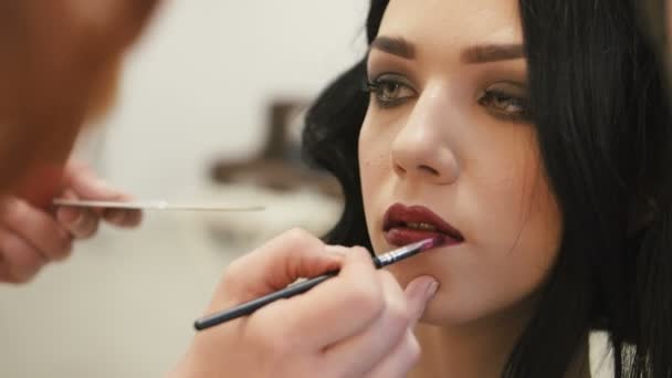 Макияж художник делает макияж молодая женщина губы с карандашом губы, чтобы погладить губы — стоковое видео