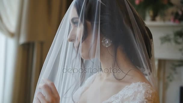 Sposa in abito bianco e velo in luogo delocalizzato — Video Stock