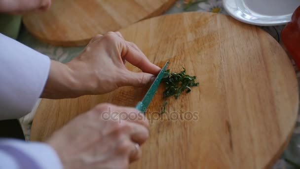 Mulher mãos preparando refeição na mesa da cozinha. Prepare e corte vegetação exuberante para vegan. Indústria alimentar. Fechar câmera lenta — Vídeo de Stock