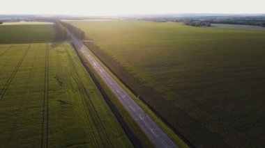 Hava atış. Sarı ve yeşil alanlar arasında yaz akşamları boş ülke yolu üzerinden uçmak