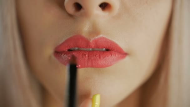 Primer plano de aplicación de maquillaje en los labios — Vídeos de Stock