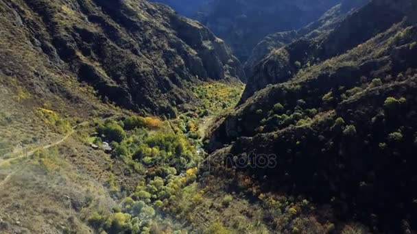 Luchtfoto drone schot van forest ravibe tussen bergen met rivier en verlaten klooster naar beneden onder — Stockvideo