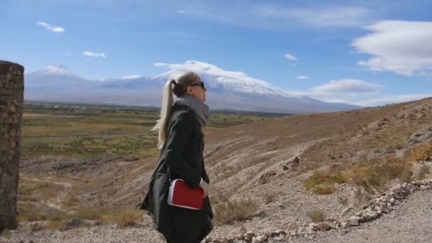 Hiking woman in sunglasses on travel excursion walking in mountain landscape at summer vacations — Stock Video