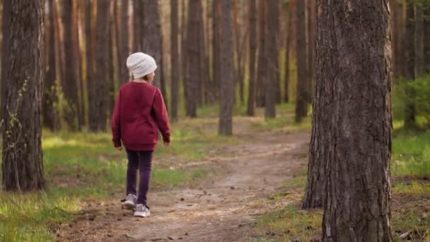 Het kleine meisje loopt langs het pad weg in het dennenbos. Gekleed in het leren jasje. — Stockvideo