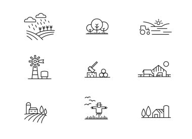 Çiftlik manzara simgeleri, ince çizgi stili