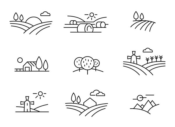 Country landscape icons, vector thin line style