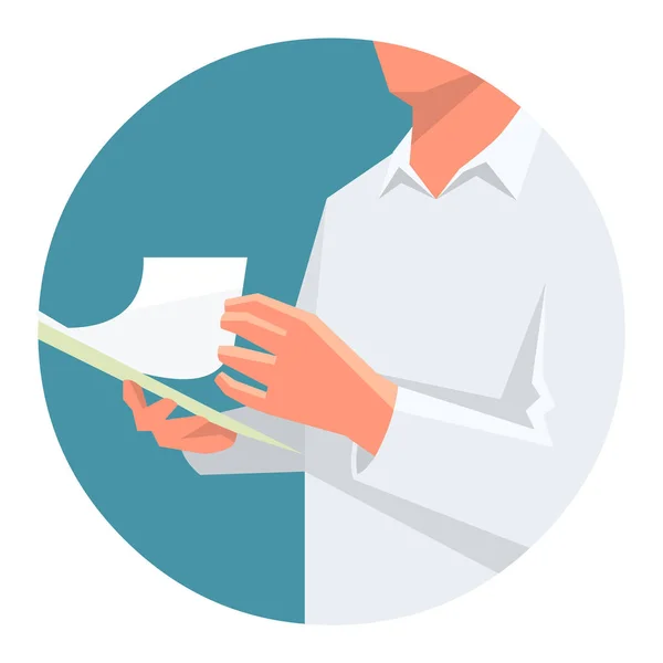 Illustration vectorielle plate d'une personne tenant un presse-papiers dans une main et tournant la page — Image vectorielle