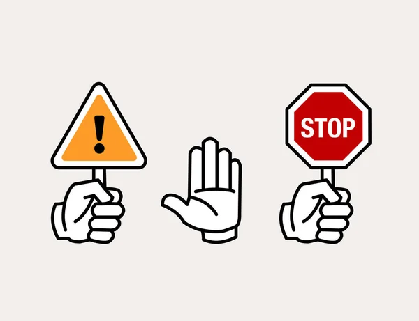 Ícone de mão segurando aviso e sinal de parada — Vetor de Stock