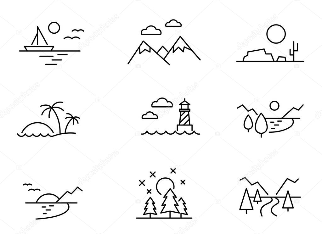 Nature landscape icons, vector thin line style