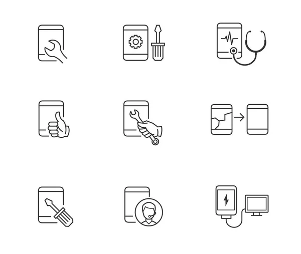 Ícones de contorno de reparação de telefone móvel — Vetor de Stock