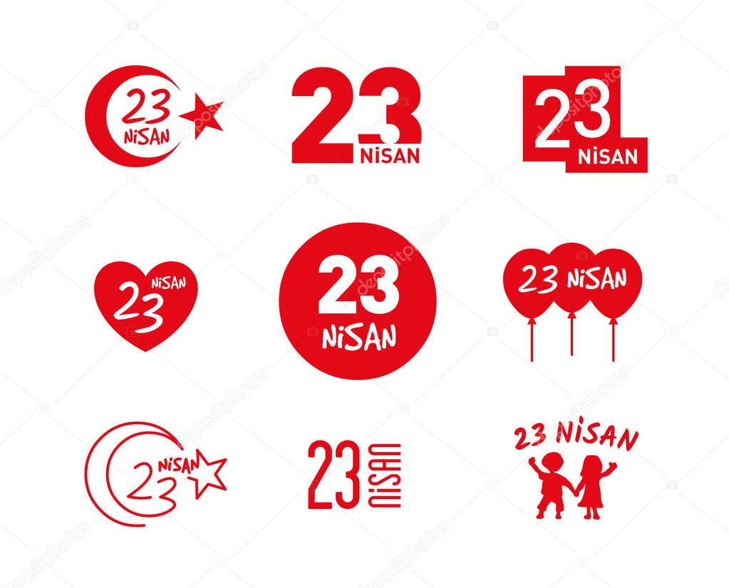 April 23 Children's Day vector icon set. 23 Nisan Ulusal Egemenlik ve Cocuk Bayrami.