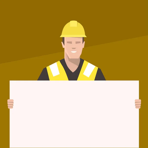 Obrero de la construcción sosteniendo un cartel en blanco. Ilustración vectorial plana . — Vector de stock
