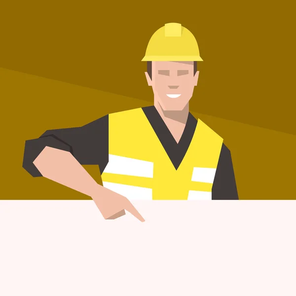 Trabajador de la construcción señalando la pancarta en blanco. Ilustración vectorial plana . — Vector de stock
