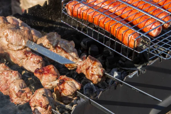 Kebab shish, carne, salsichas, peça, grelha, espeto, churrasco, comida — Fotografia de Stock