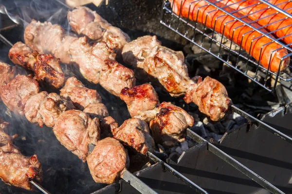 Kebab shish, carne, salsichas, peça, grelha, espeto, churrasco, comida — Fotografia de Stock