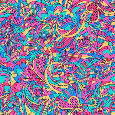 Renkli, kusursuz karalama deseni. Zen karmaşası sanatı. Parlak vektör illüstrasyonu.