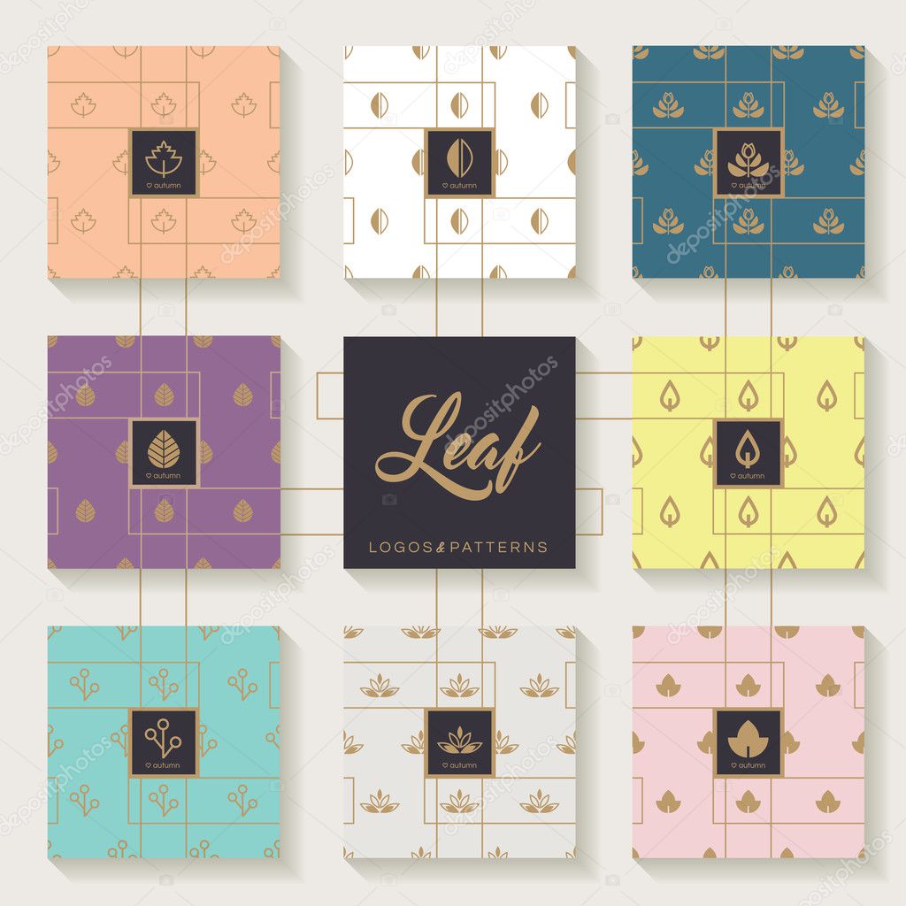 Set of leaf logos and patterns in different colors