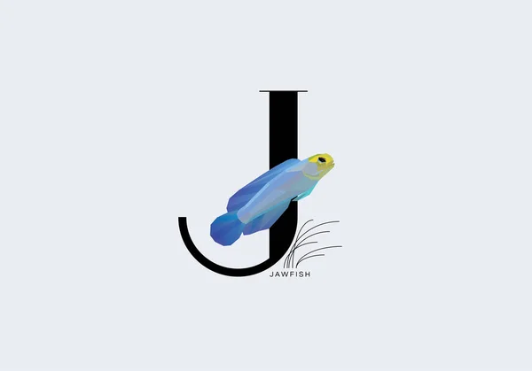 편지 J 노란색 향하고 jawfish 장식 — 스톡 벡터