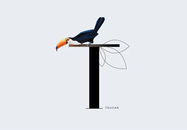 Pájaro tucán parado encima de la letra T — Vector de stock