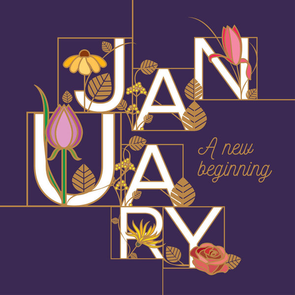 January typographic design in floral theme  