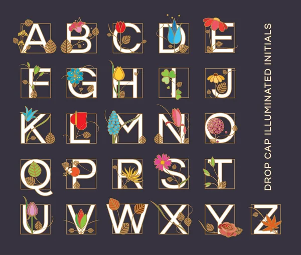 Letras del alfabeto con diseños florales — Vector de stock