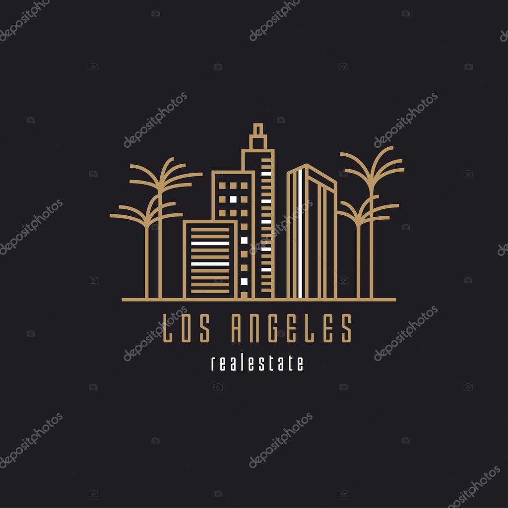 Real estate logo template in golden and white color combination with skyscrapers design