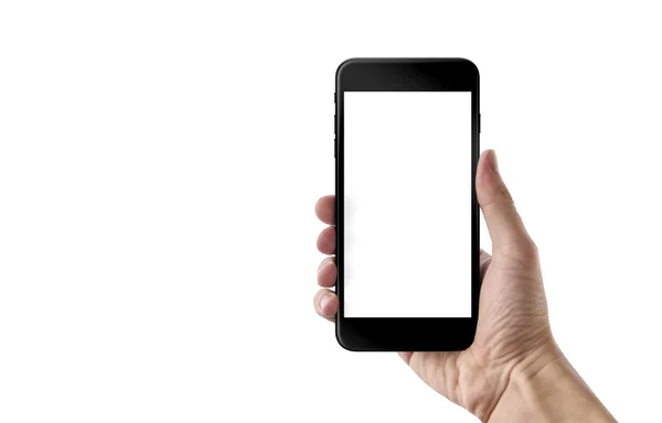 Slimme telefoon in de hand van de man. Geïsoleerde wit scherm voor mockup. Witte achtergrond. — Stockfoto