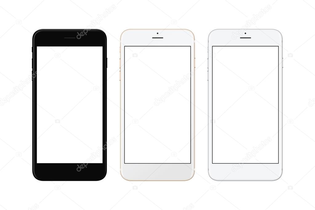 Black, white silver and white gold smart phone isolated. White screen for mockup.