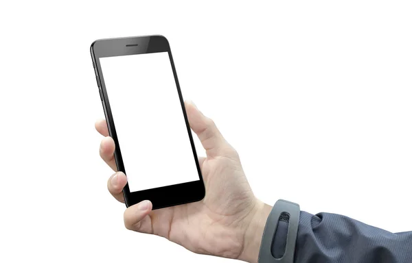 Inteligentny telefon w ręce mężczyzna na białym tle. Pusty ekran urządzenia mobilnego dla makieta — Zdjęcie stockowe