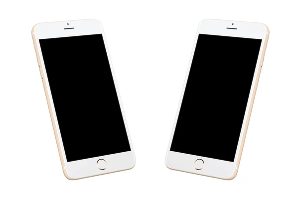 โทรศัพท์สมาร์ทโฟนสีขาวสีทอง ตําแหน่งไอโซเมตริกสองตําแหน่ง — ภาพถ่ายสต็อก