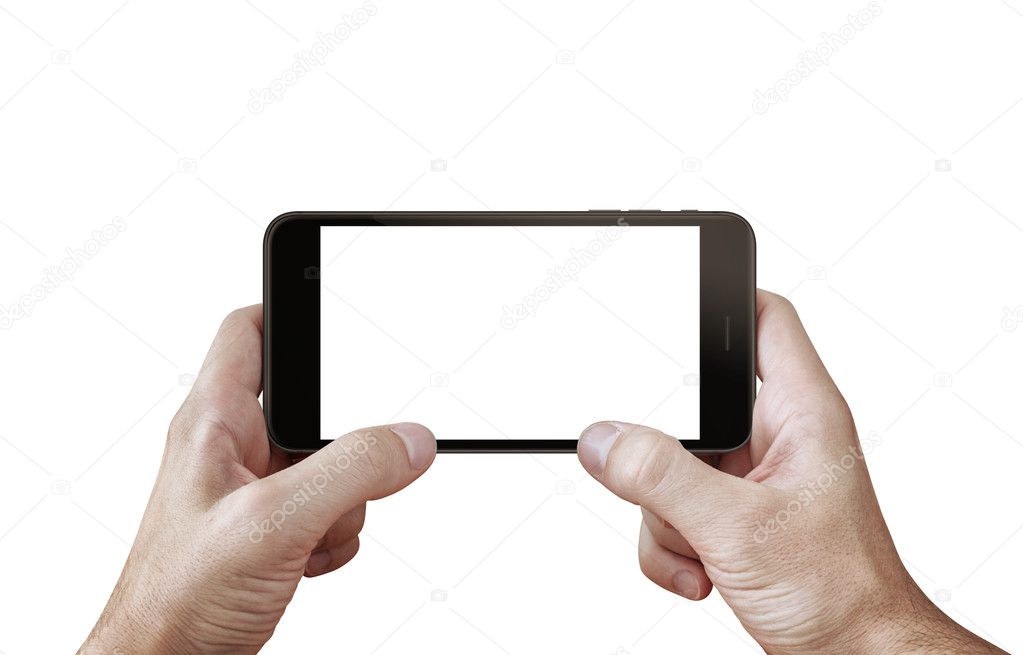 Play game on mobile phone isolated  scene for mockup. Phone in hands, horizontal position.