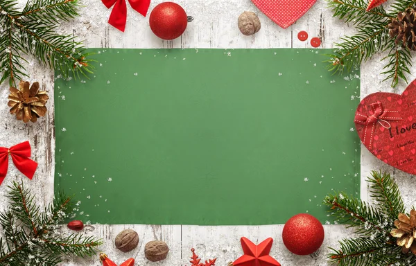 Christmas winter table background image with Christmas decorations and free space for greeting text — Stock Photo, Image