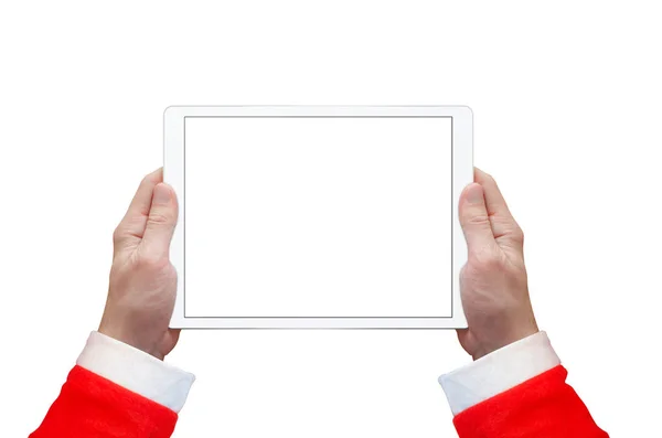 Tablet na mão do Pai Natal. Exibição isolada branca e fundo . — Fotografia de Stock
