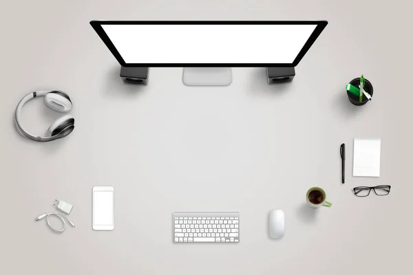 Рабочий стол с технологическими устройствами с свободным местом для текста — стоковое фото