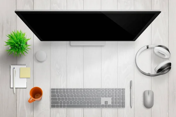 Meja modern putih dengan layar komputer. Ruang kosong untuk teks. Tampilan atas — Stok Foto