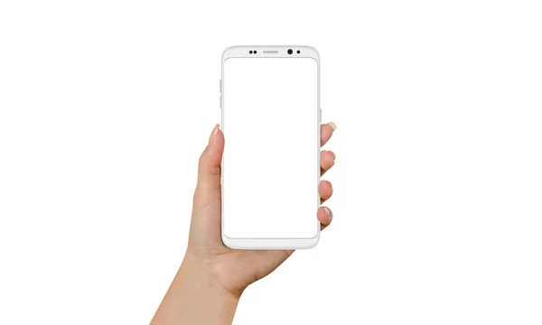 Biały telefon z zaokrąglonymi końcami w ręce kobiety. Na białym tle i wyświetlania dla makieta — Zdjęcie stockowe