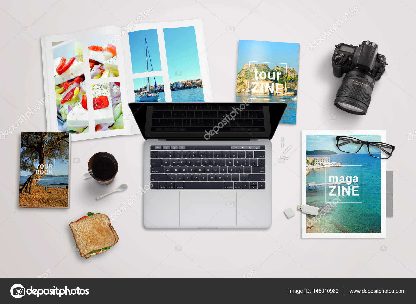 Journalist Or Reporter Writing Desk Laptop Surrounded By S Journalist Or Reporter Writing Desk Laptop Surrounded By S Stock Photo