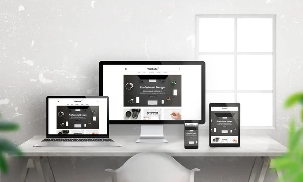 Promoção web site responsivo plano criativo em diferentes dispositivos — Fotografia de Stock