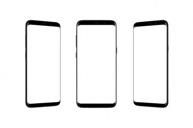 Üç pozisyonda izole akıllı telefon. Modern siyah ince Yuvarlatılmış köşeleri olan mobil.